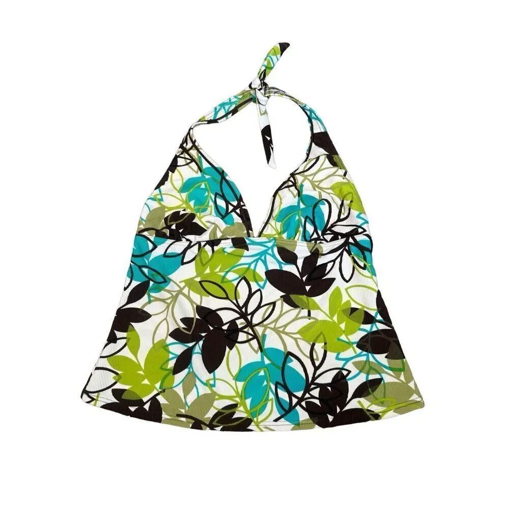 vintage y2k body i.d. ribbed tankini swim halter top retro groovy leaf print S/M